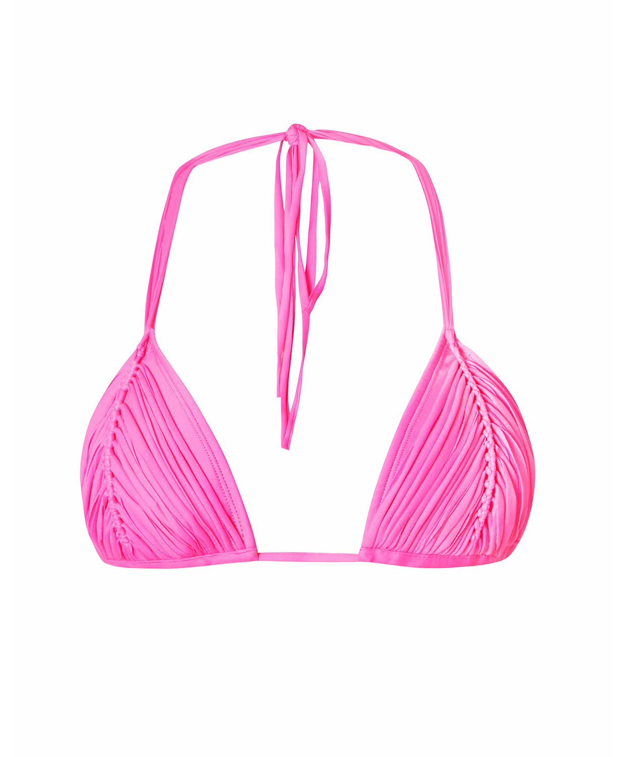 Roze macramé triangel bikini top van PQ Swim op witte achtergrond