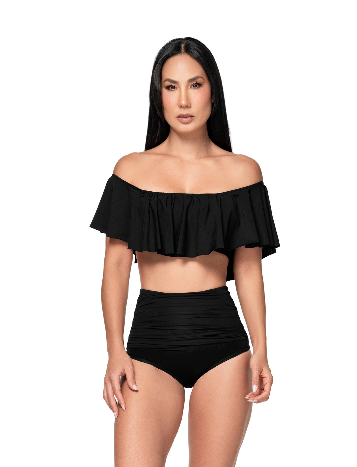 Mannequin portant le haut de bikini noir à épaules dénudées Saman Swimwear avec bas taille haute, vue de face