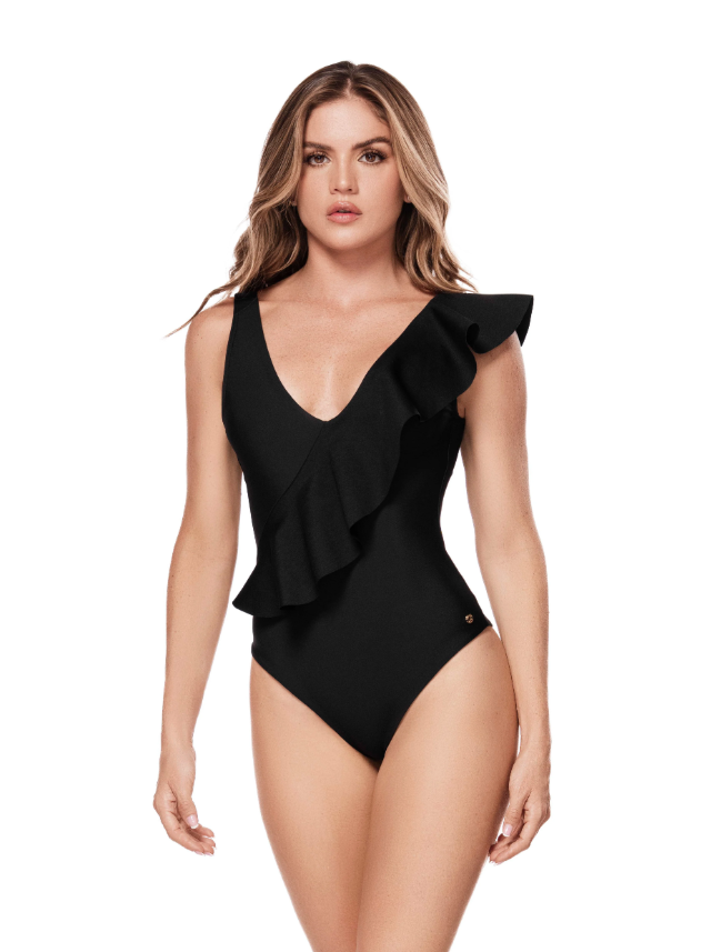 zwarte ruffles badpak met corrigerend effect 
