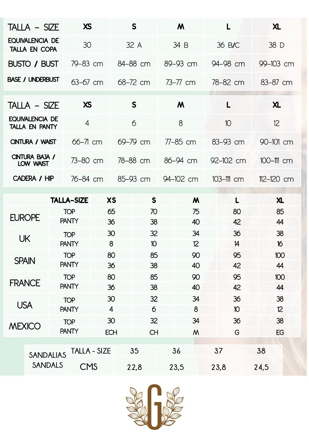 Garotas size chart