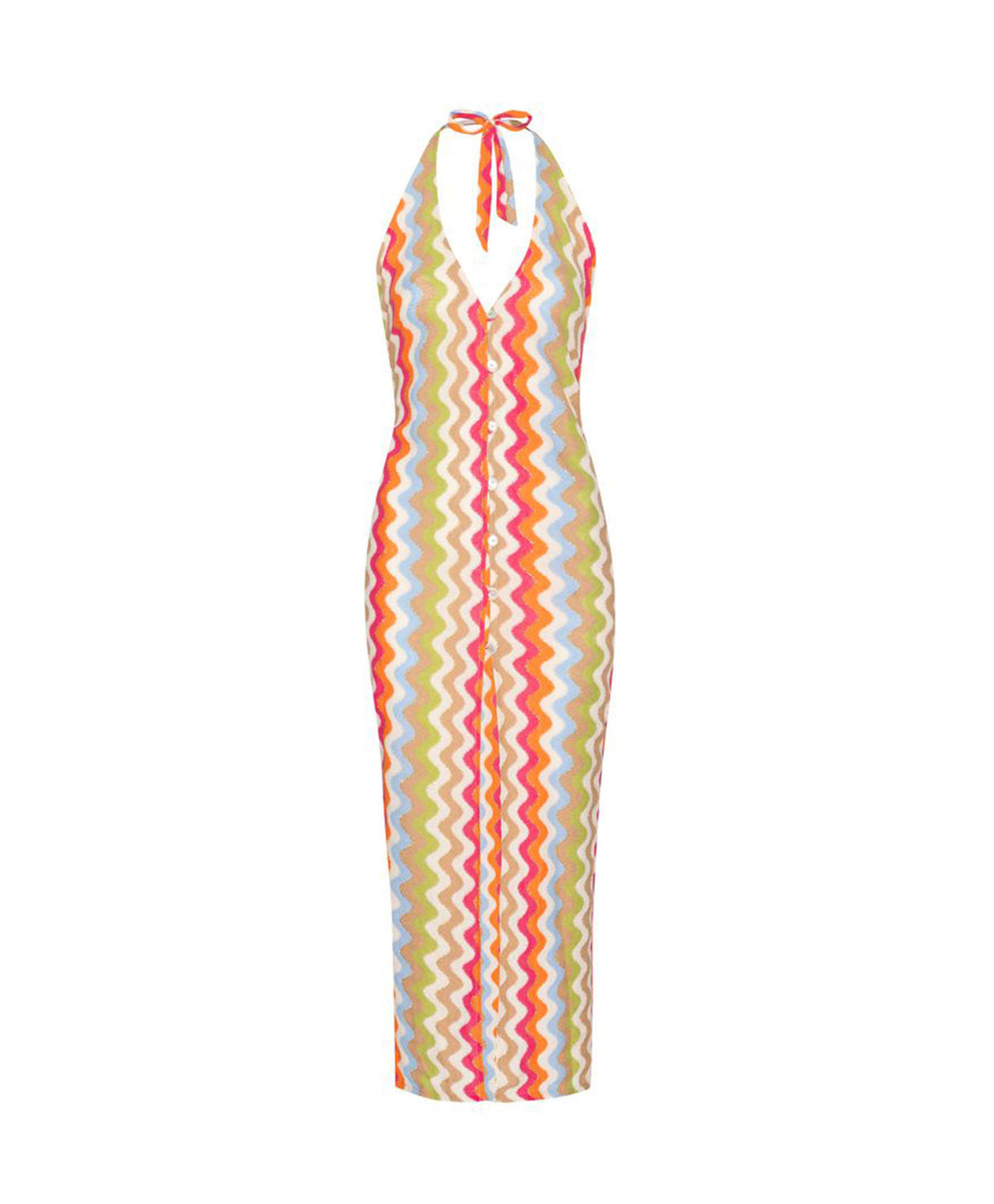 Multicolor zigzag halterjurk met knoopsluiting, vooraanzicht