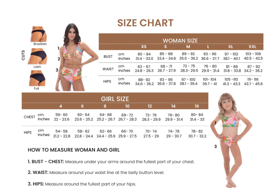 Milonga swimwear size chart