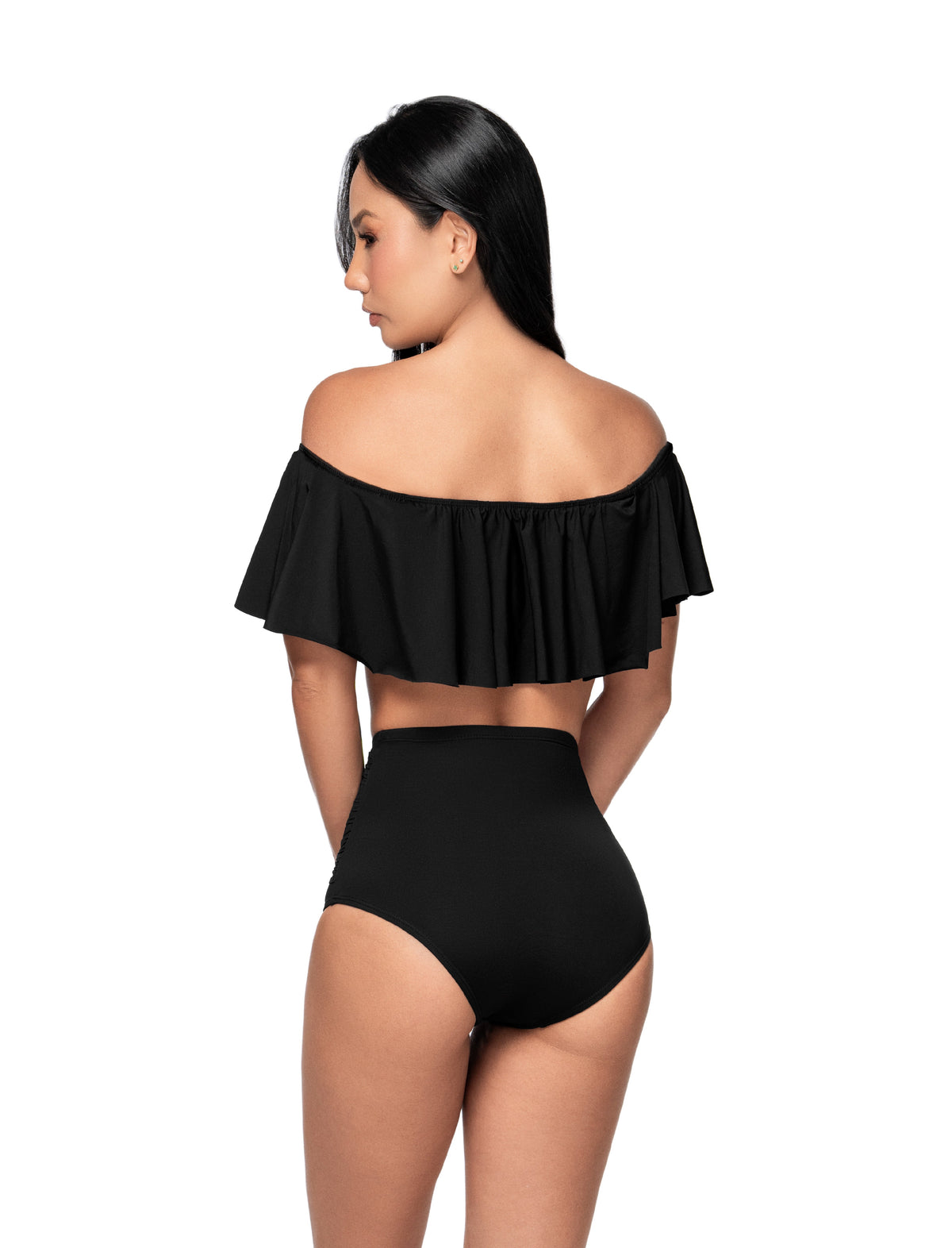 Haut de bikini noir à épaules dénudées Saman Swimwear, vue de dos sur mannequin